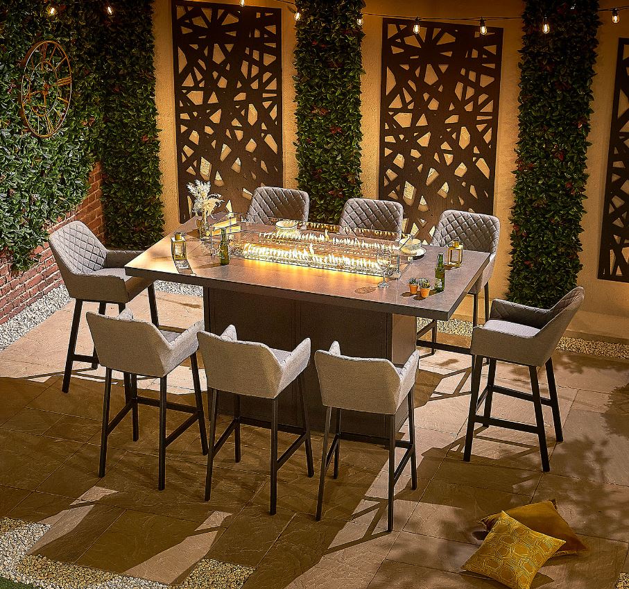 Genoa Fabric 8 Seat Bar Dining Set with Firepit