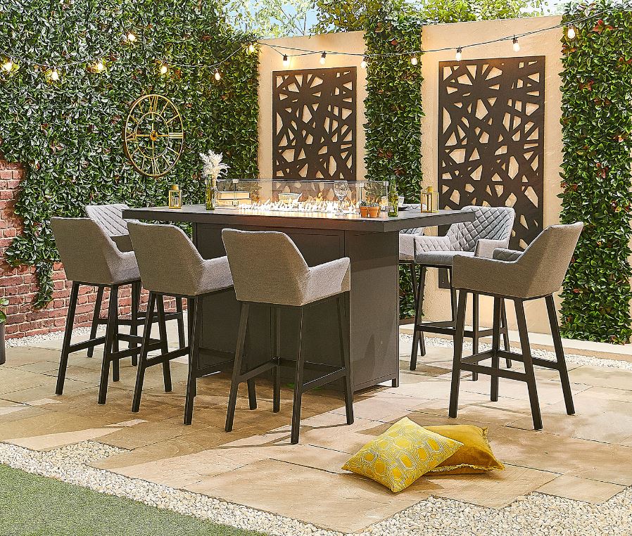 Genoa Fabric 8 Seat Bar Dining Set with Firepit