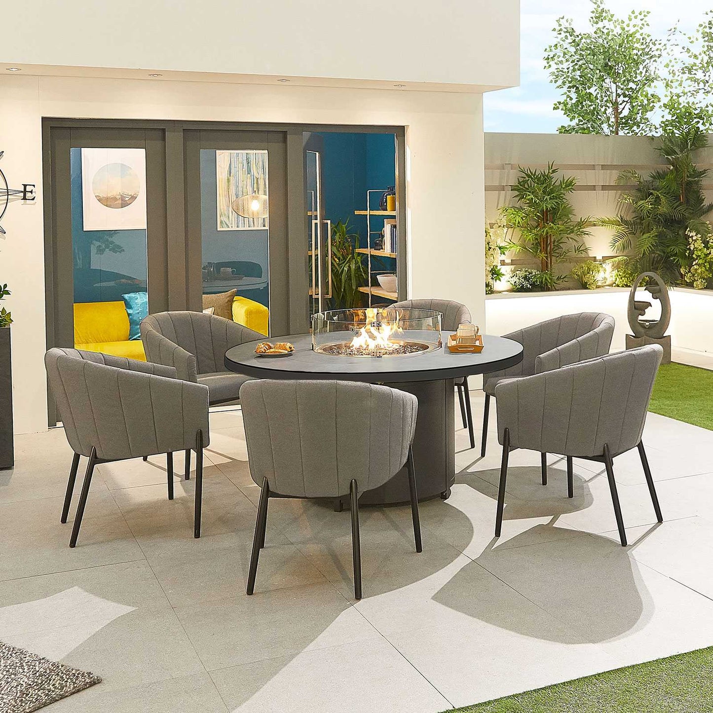 Edge Fabric 6 Seat Dining Set with Firepit