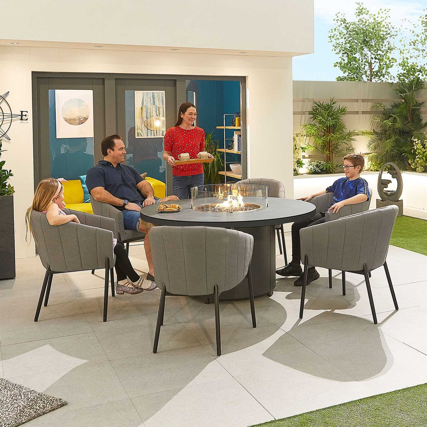 Edge Fabric 6 Seat Dining Set with Firepit