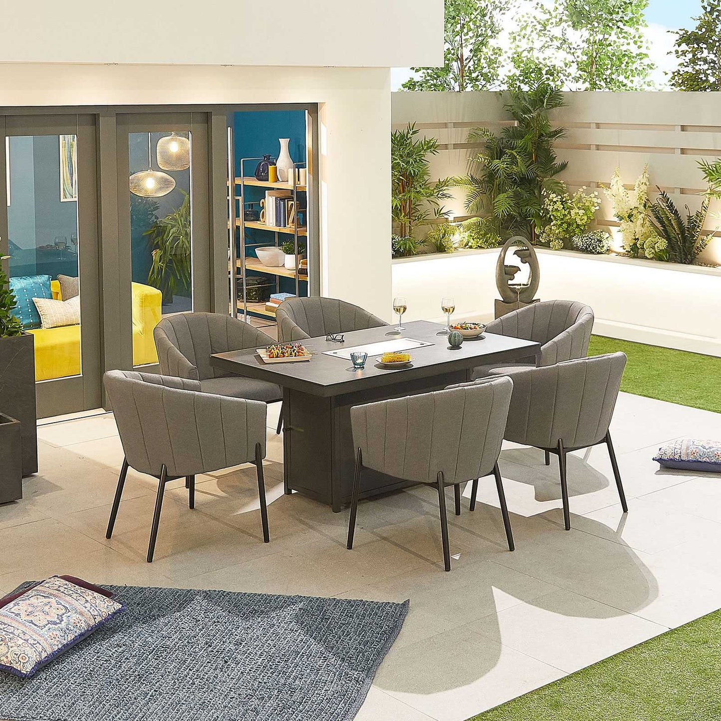 Edge Fabric 6 Seat Dining Set with Firepit