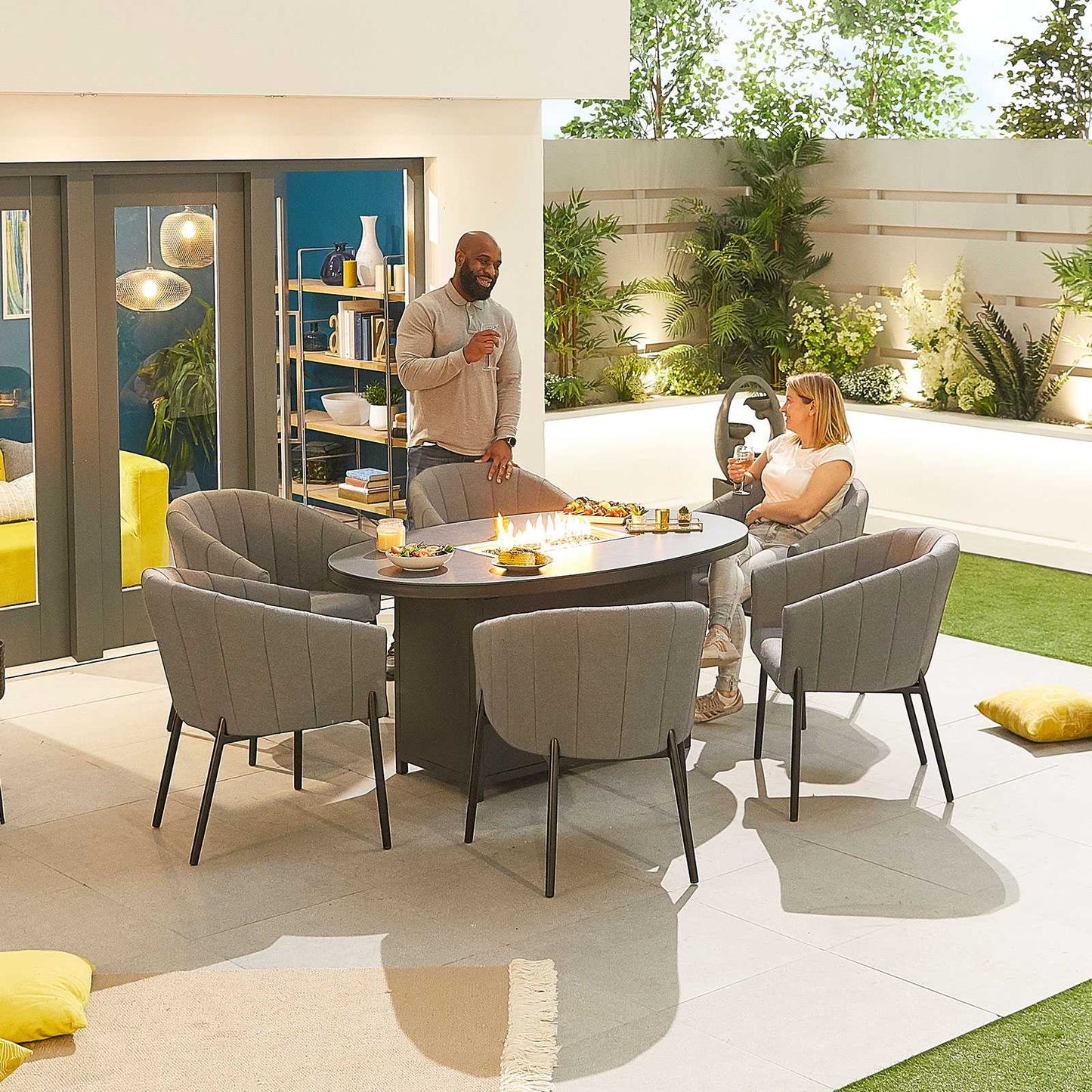 Edge Fabric 6 Seat Dining Set with Firepit