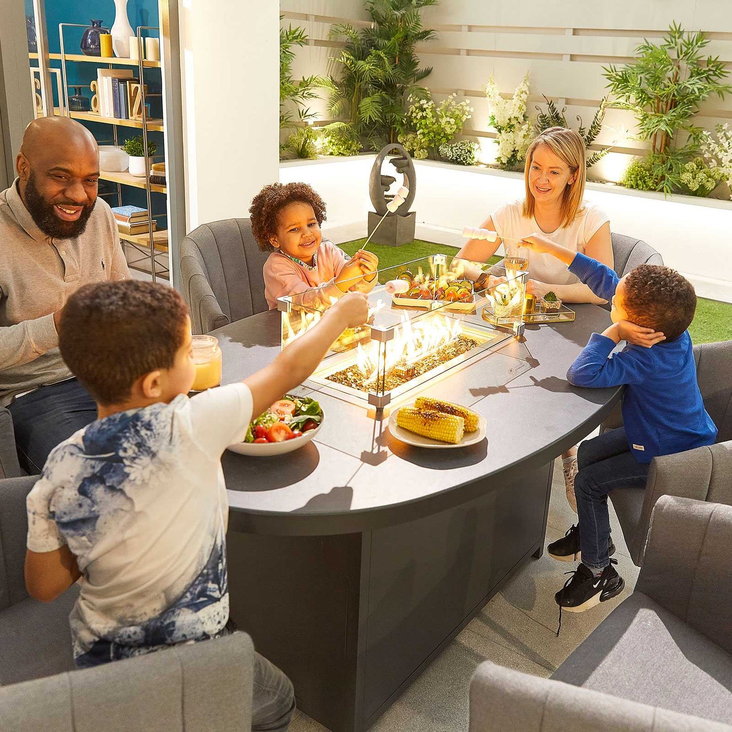 Edge Fabric 8 Seat Dining Set with Firepit