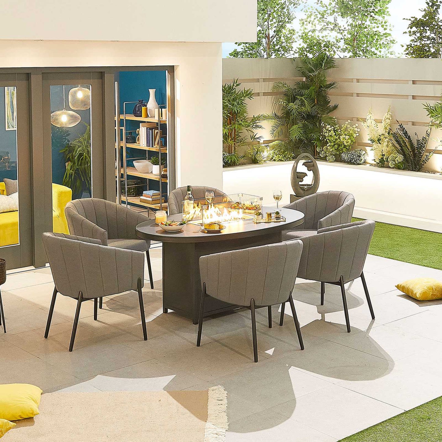 Edge Fabric 6 Seat Dining Set with Firepit