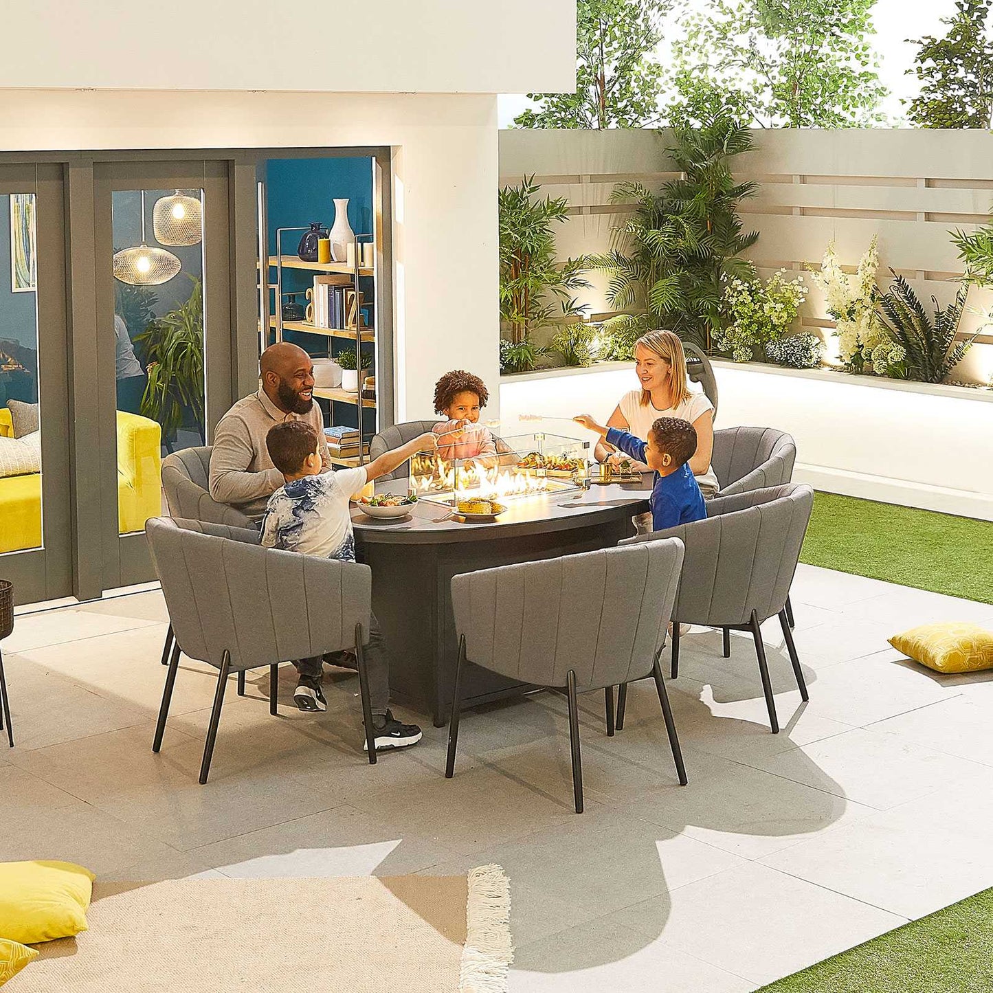 Edge Fabric 6 Seat Dining Set with Firepit