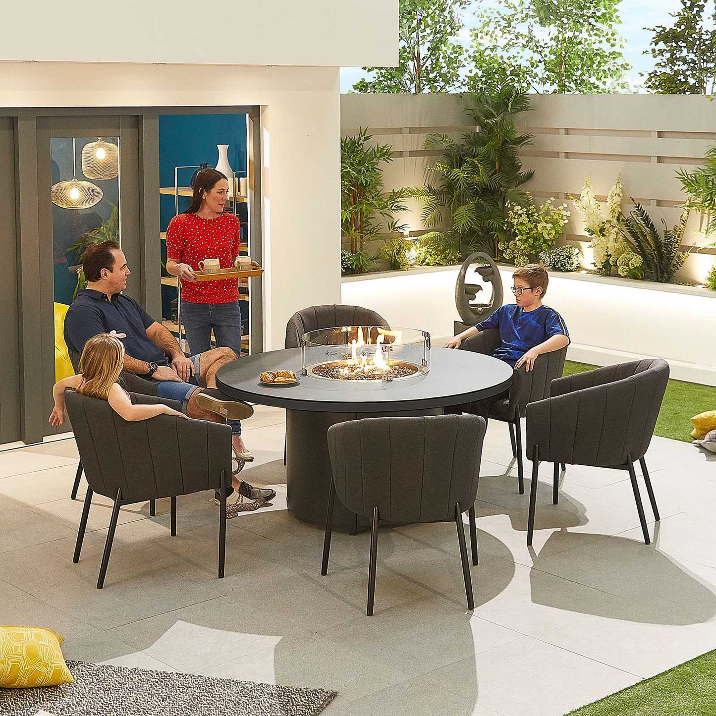 Edge Fabric 6 Seat Dining Set with Firepit