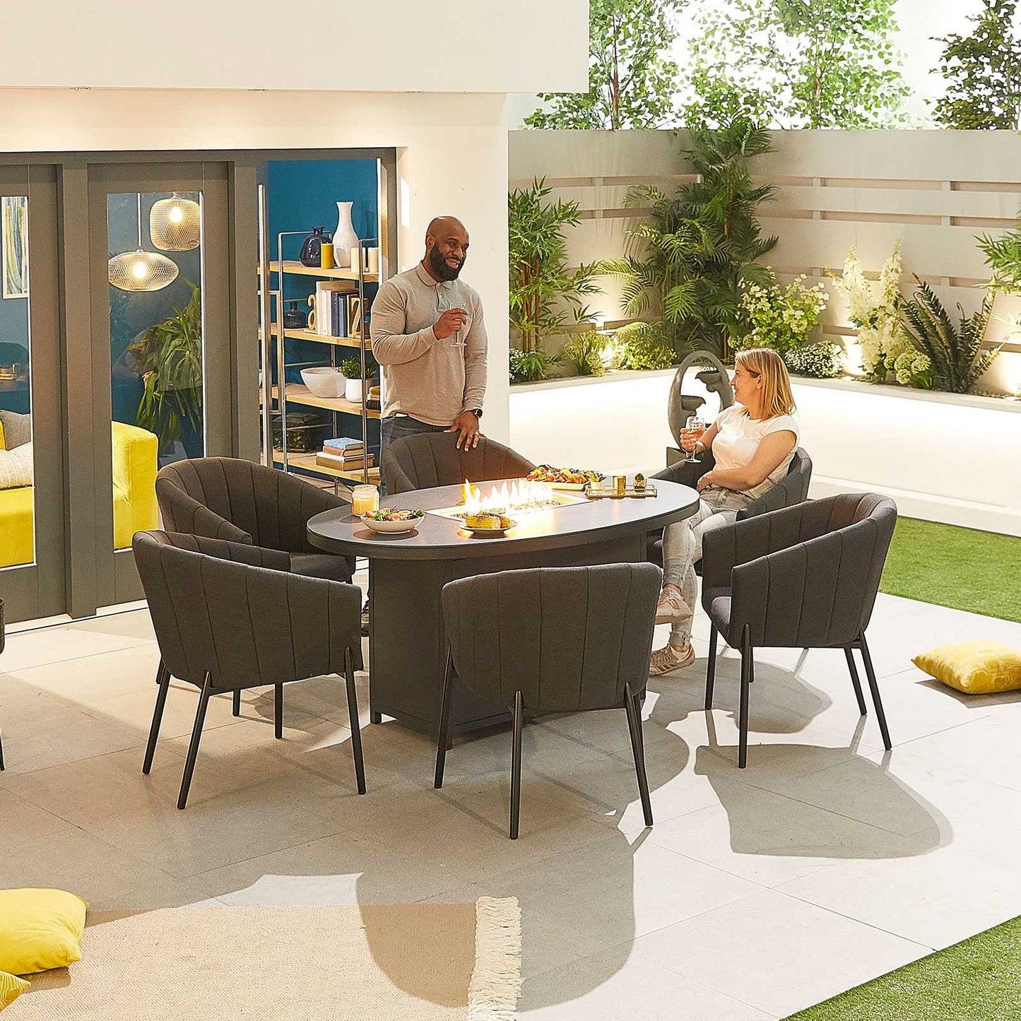 Edge Fabric 6 Seat Dining Set with Firepit