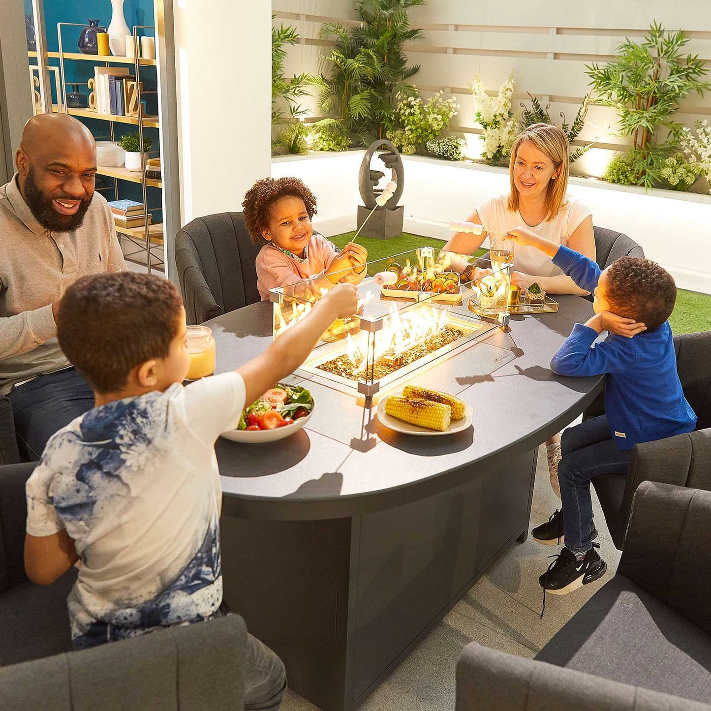 Edge Fabric 6 Seat Dining Set with Firepit