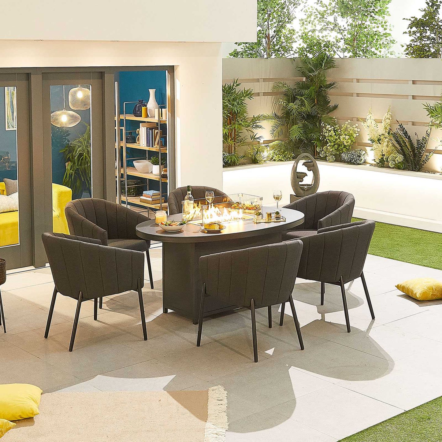 Edge Fabric 6 Seat Dining Set with Firepit