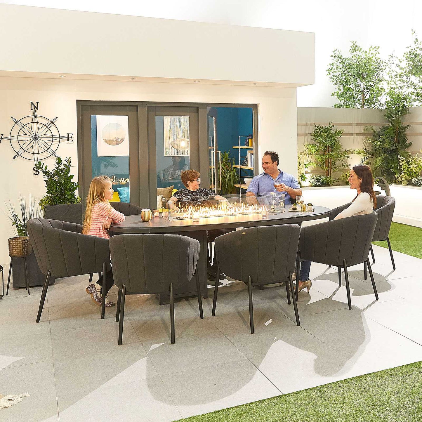 Edge Fabric 6 Seat Dining Set with Firepit