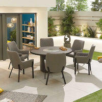 Six light grey modern chairs and dark grey circular table 